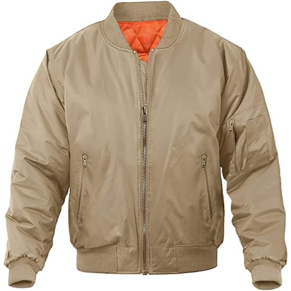 Men's Bomber Jacket Casual Khaki Winter Warm Coats Zipper Pocket Design Outwear
